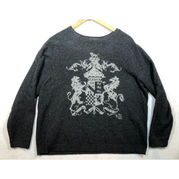 Lauren Ralph Lauren Lion Coat Of Arms Lambswool Sweater Charcoal Gray Women's 2X - Picture 1 of 7